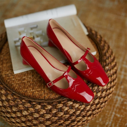 Women Leather Mid-Heel Pumps Shoes