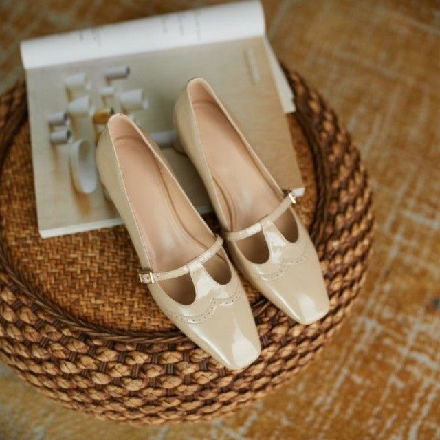 Women Leather Mid-Heel Pumps Shoes