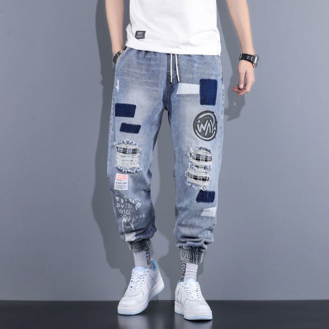 hip-hop ripped patch jeans men