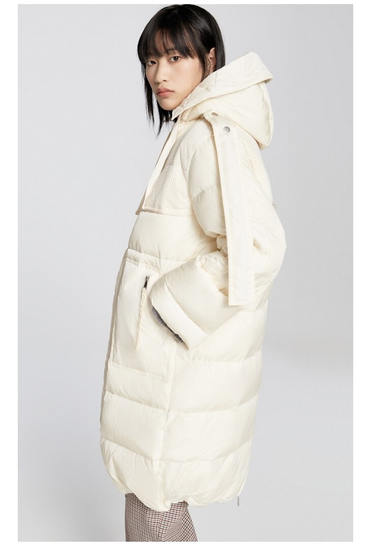 Women's Splicing Loose Long Style White Down Jacket