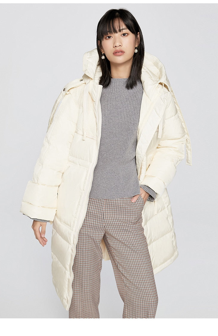 Women's Splicing Loose Long Style White Down Jacket