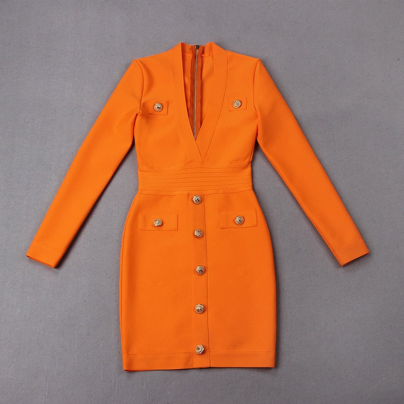 Sexy Deep V-neck Gold Buttons Bandage Elegant Party Dress