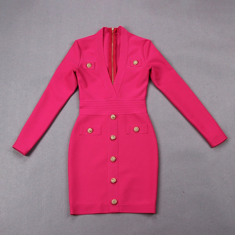 Sexy Deep V-neck Gold Buttons Bandage Elegant Party Dress