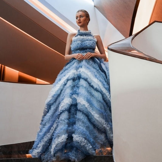 カラフルなプロムドレス ハイネック ホルター ノースリーブ フロア丈