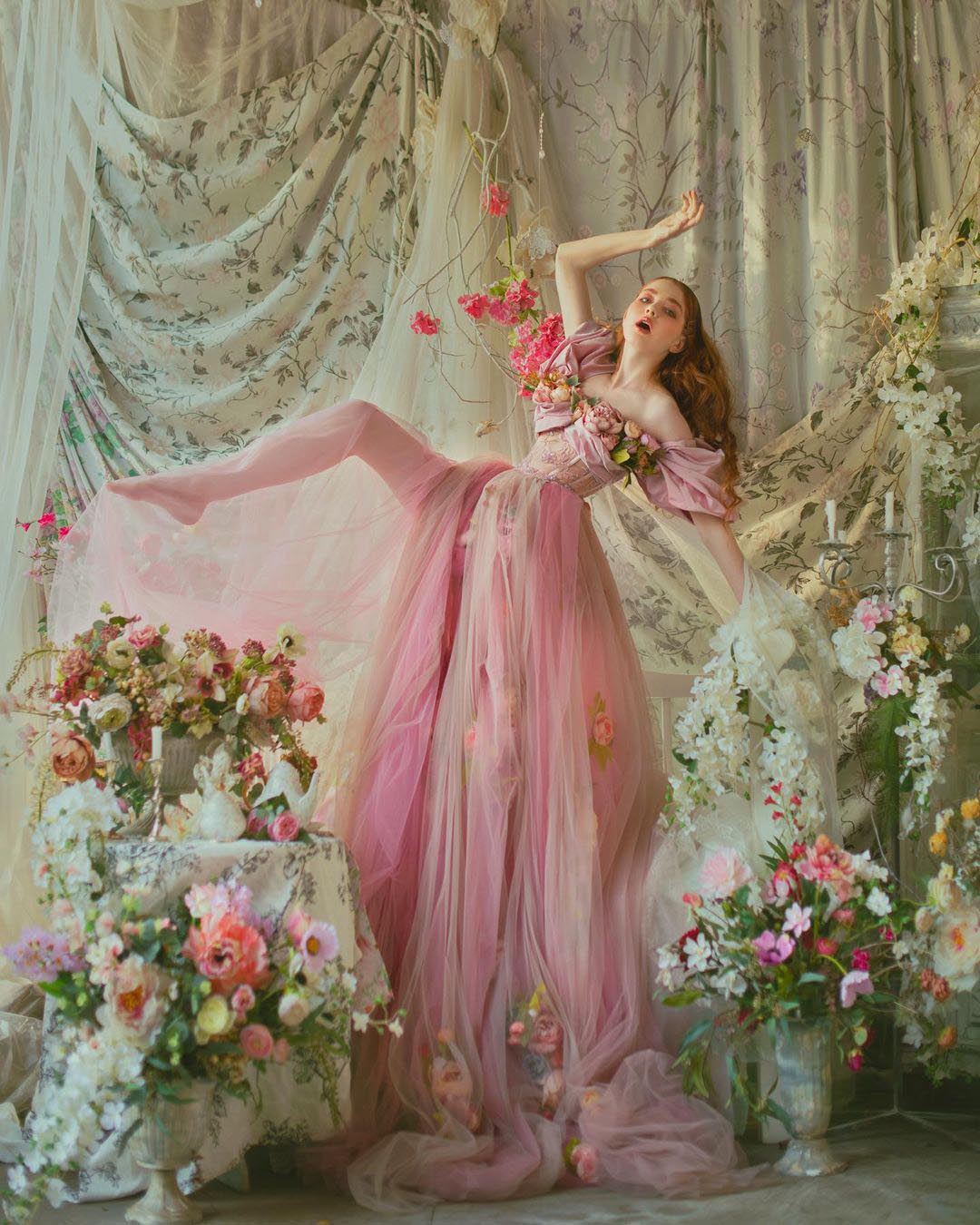 Light Pink Off Shoulder Photo Shoot Evening Dress 3D Flowers