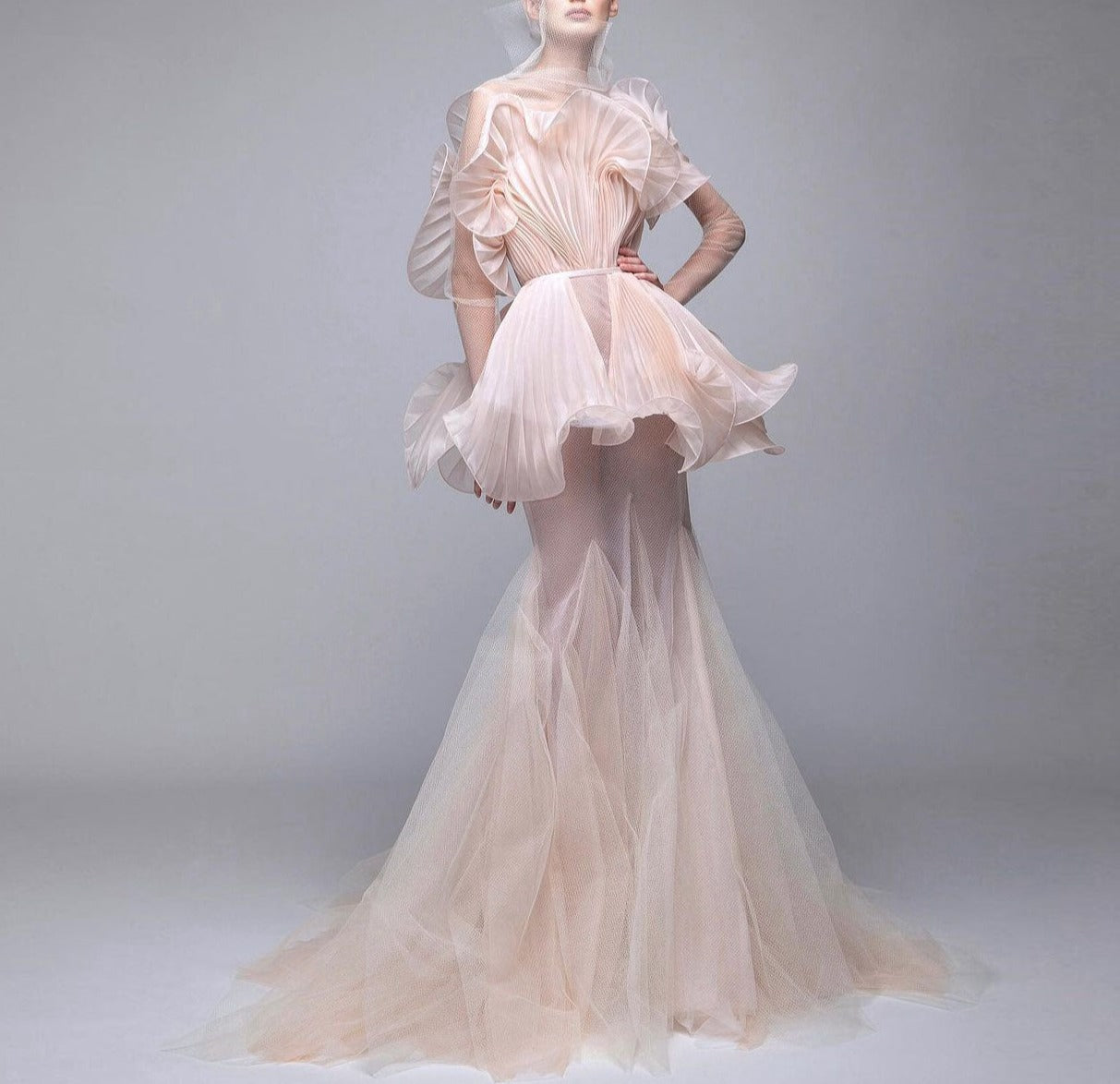 Classic Fashion Prom Dresses High Neck Ruffle Full Sleeve Mermaid