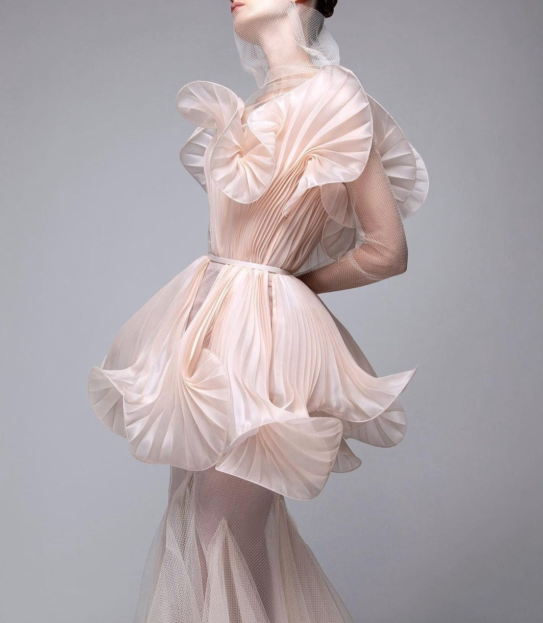 Classic Fashion Prom Dresses High Neck Ruffle Full Sleeve Mermaid