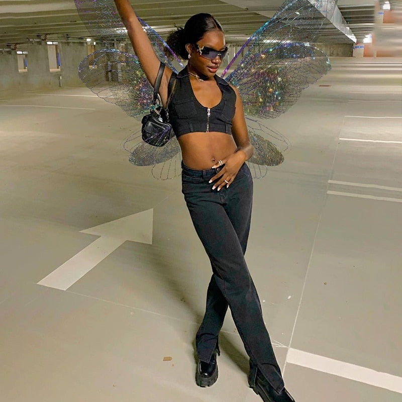 Vintage Fashion Denim Tank Top Women Hot Skinny Crop Tops