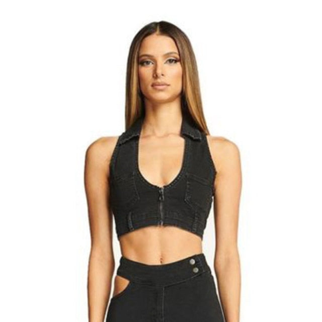 Vintage Fashion Denim Tank Top Women Hot Skinny Crop Tops