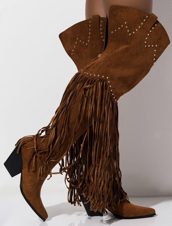 Women's Brown Western Thigh-High Cowboy Boots - LiveTrendsX fit and event styling view 1