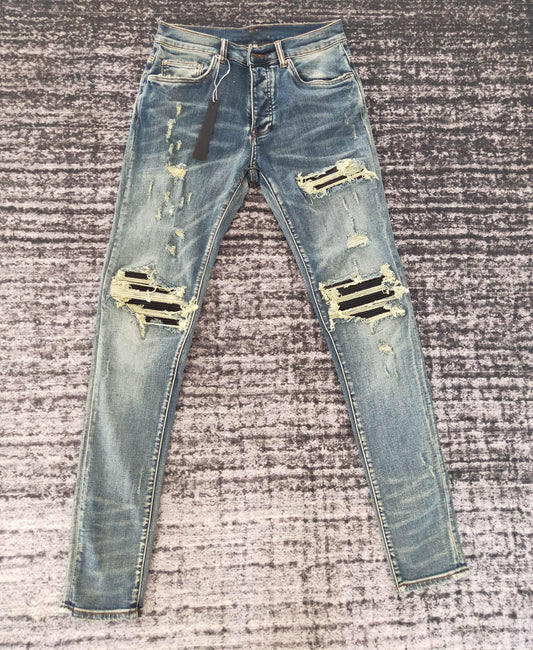 men ribbed patch distressed jeans
