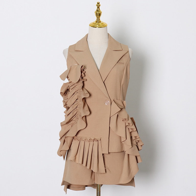 カーキ色のレディーススーツ パッチワーク フリル ルーシュ ノースリーブ