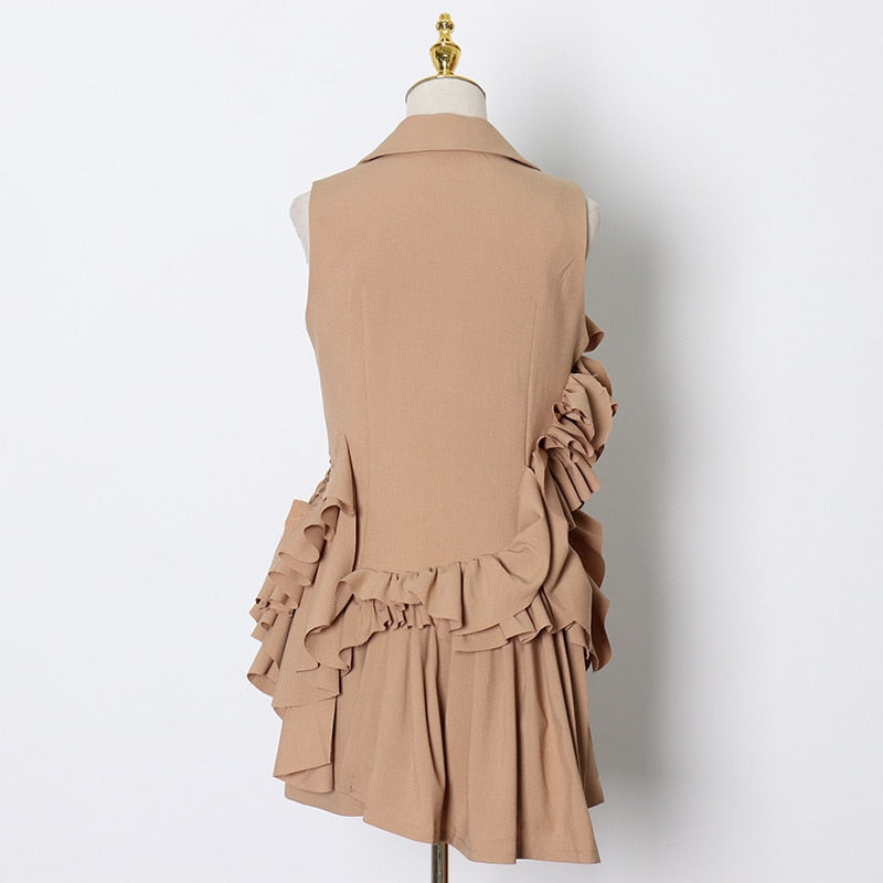 カーキ色のレディーススーツ パッチワーク フリル ルーシュ ノースリーブ
