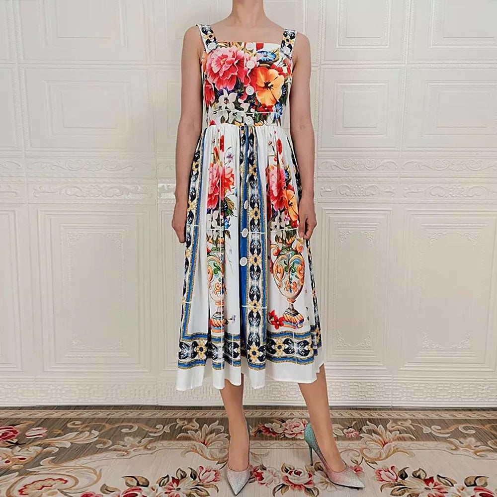 Vintage Elegant Strap Floral Print Midi Long Dress