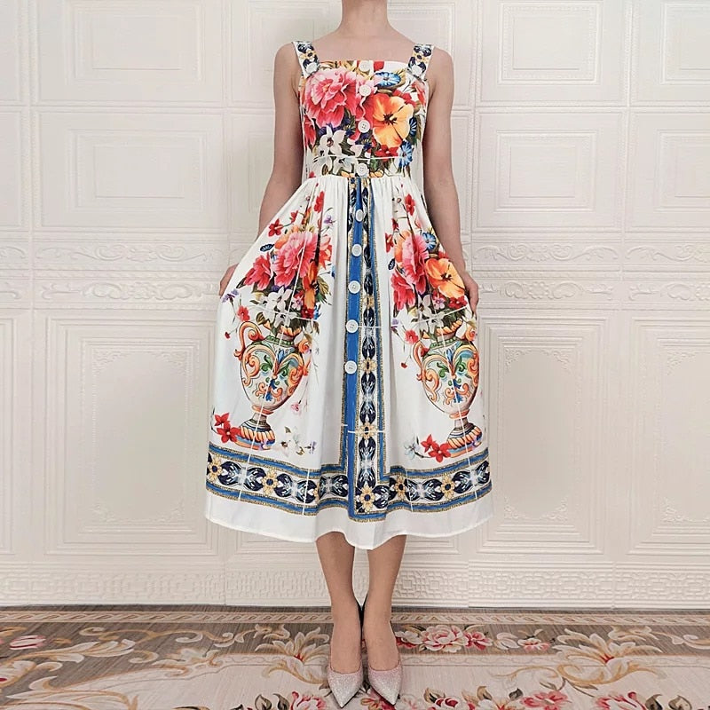 Vintage Elegant Strap Floral Print Midi Long Dress