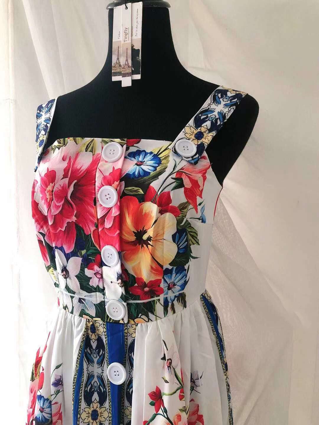 Vintage Elegant Strap Floral Print Midi Long Dress