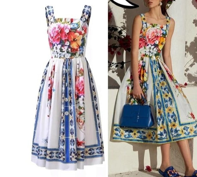 Vintage Elegant Strap Floral Print Midi Long Dress