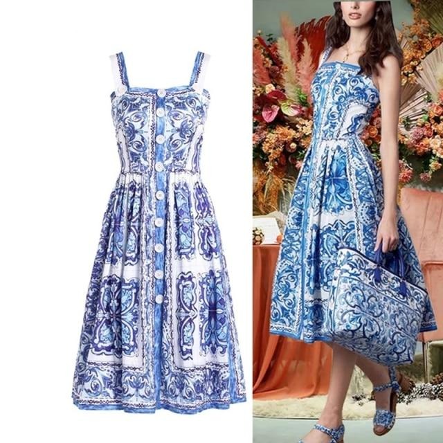 Vintage Elegant Strap Floral Print Midi Long Dress