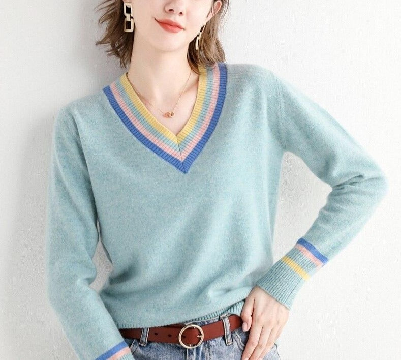 Women Wool Sweaters V Neck Warm Pullovers
