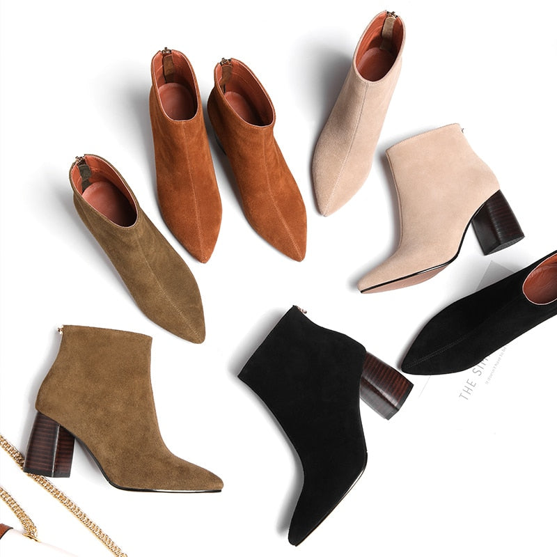 Cow suede Women Ankle Boots  Casual pointed toe