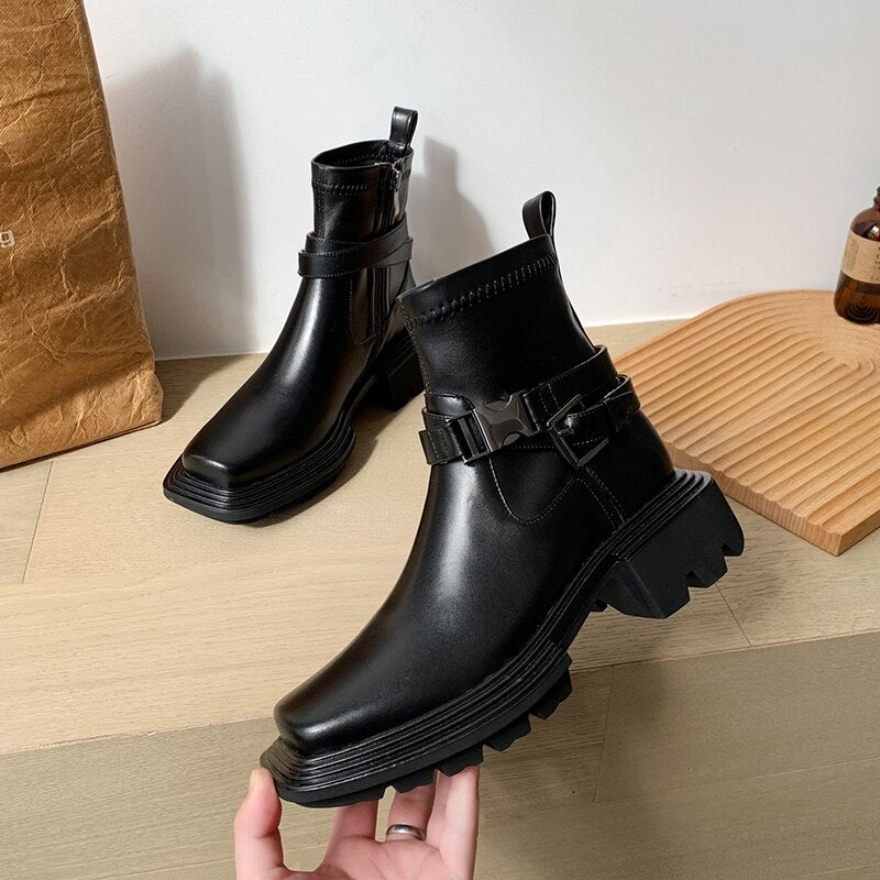 女性用スクエアトゥ本革プラットフォームブーツレトロトレンド