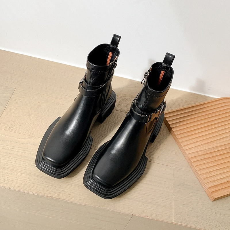 女性用スクエアトゥ本革プラットフォームブーツレトロトレンド