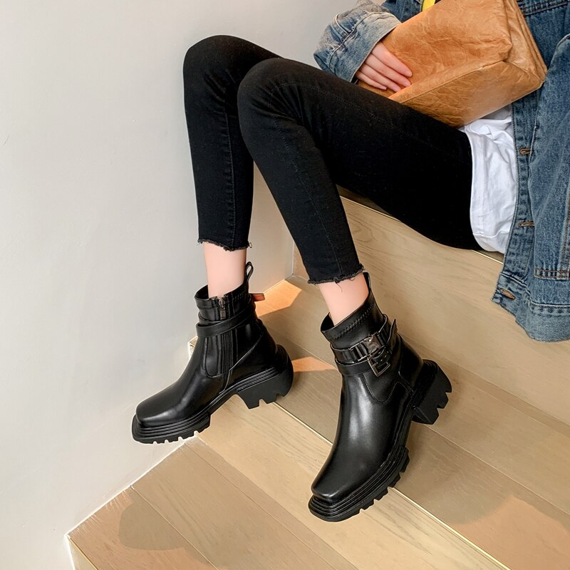 女性用スクエアトゥ本革プラットフォームブーツレトロトレンド