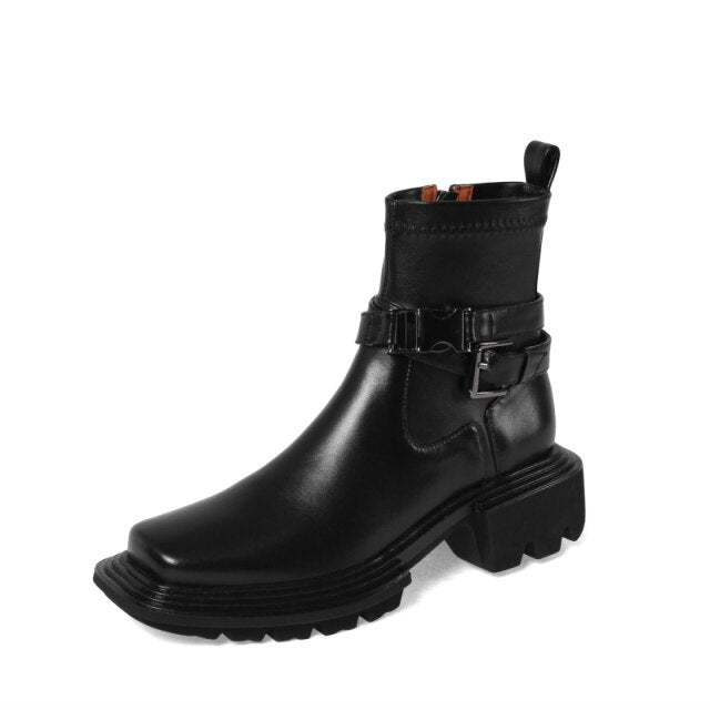 女性用スクエアトゥ本革プラットフォームブーツレトロトレンド