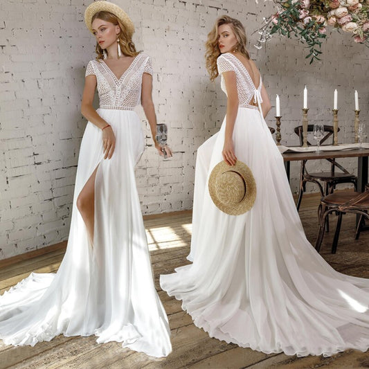 Long Beach Short Sleeves Bridal Gown