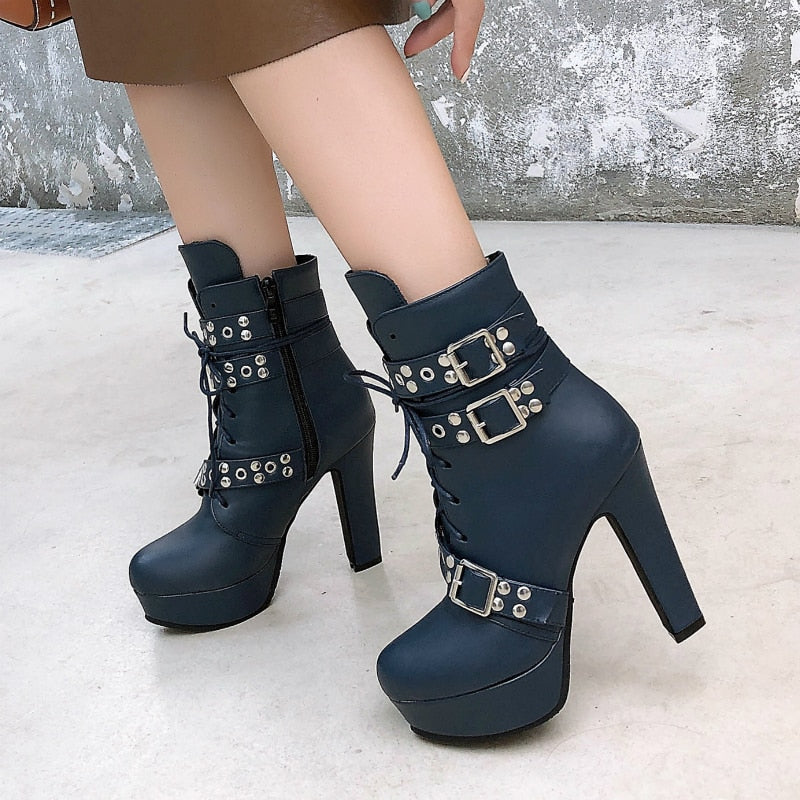 レディース アンクルブーツ プラットフォーム レースアップ ハイヒール