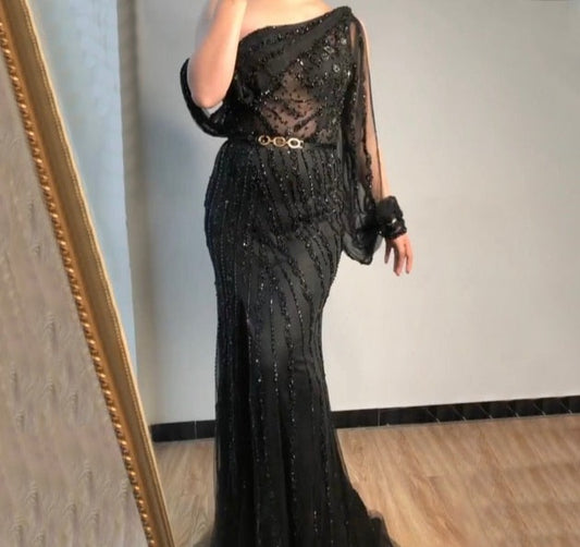 ブルードバイワンショルダーセクシーラインストーンプロムドレス