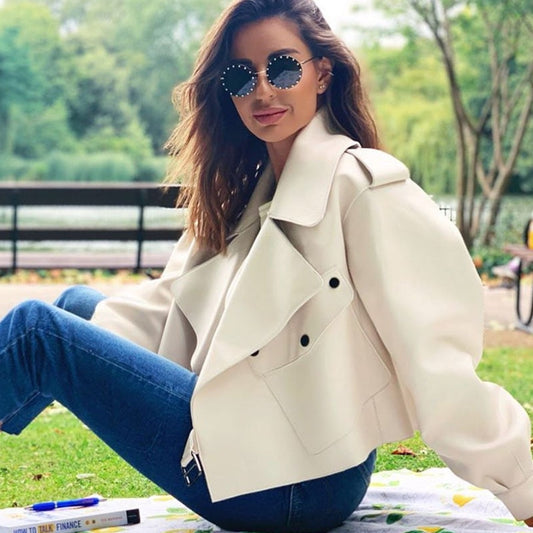 White Black Faux Leather Motorcycle Jacket Women Coats Winter Outerwear