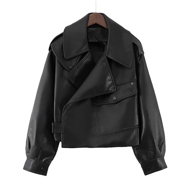 White Black Faux Leather Motorcycle Jacket Women Coats Winter Outerwear