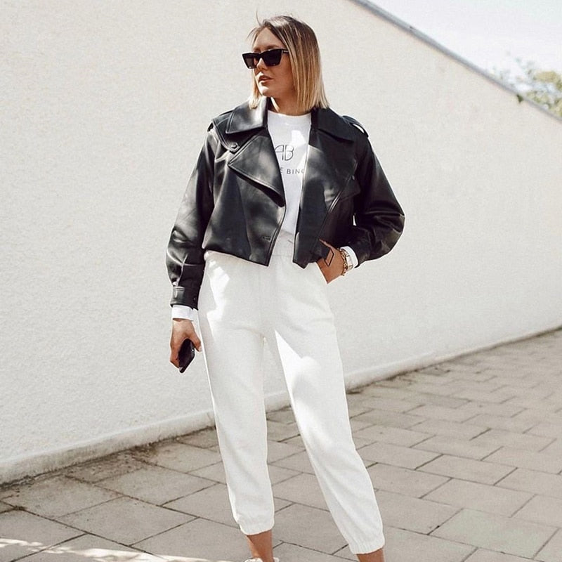 ホワイト ブラック フェイクレザー モーターサイクル ジャケット レディース コート 冬物 アウター