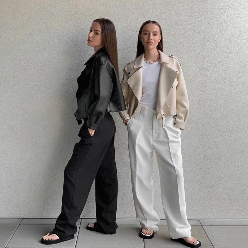 ホワイト ブラック フェイクレザー モーターサイクル ジャケット レディース コート 冬物 アウター