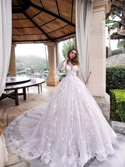 Lace wedding dress v-neck 3d flower