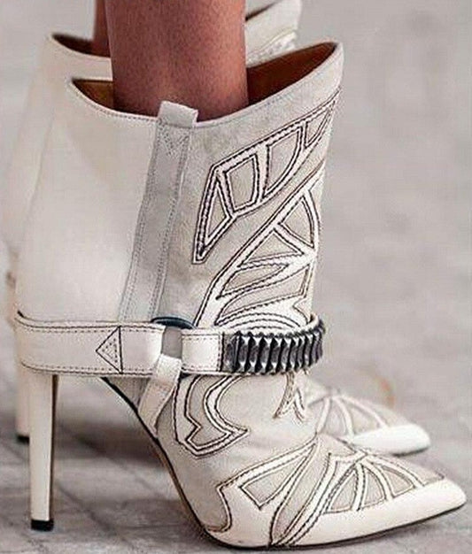 Women Embroidered Ankle Boots Pointed Toe