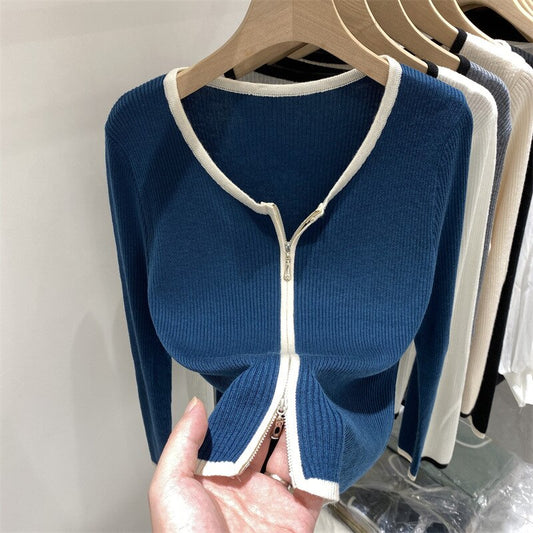 Double Zip Up Knitted Slim Casual Sweater
