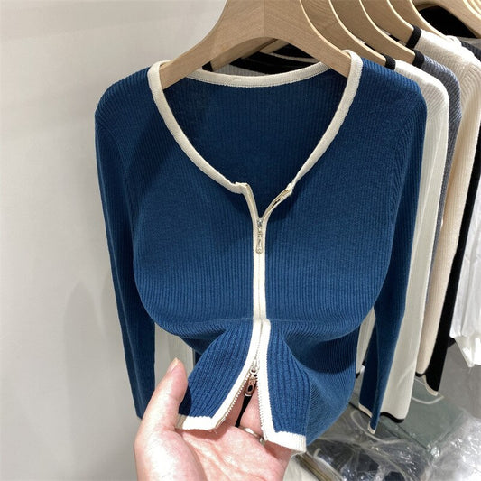 Double Zip Up Knitted Slim Casual Sweater