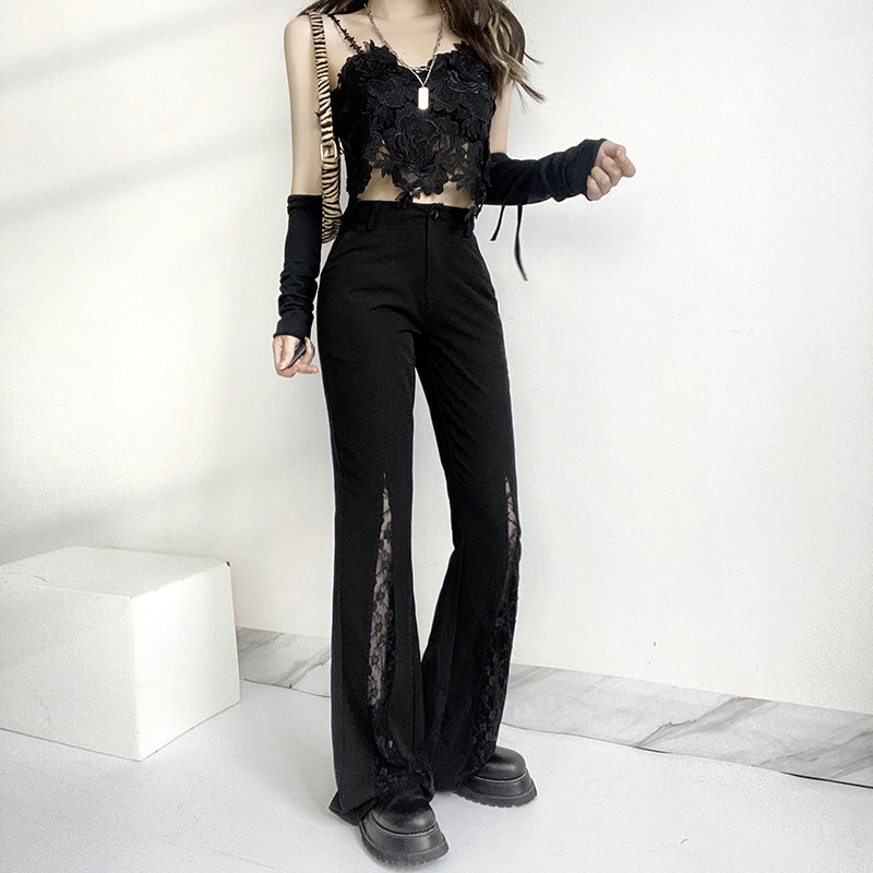 Lace Patchwork High Waist Flare Pants Women Streetwear Casual Trousers