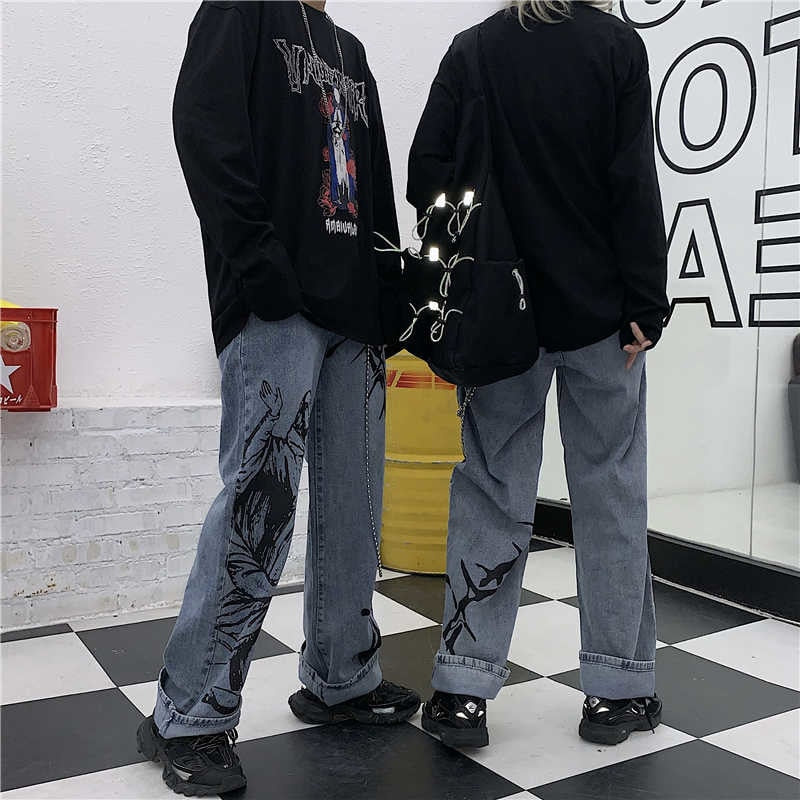 ファッションインズストリートヒップホッププリントウォッシュジーンズレディース