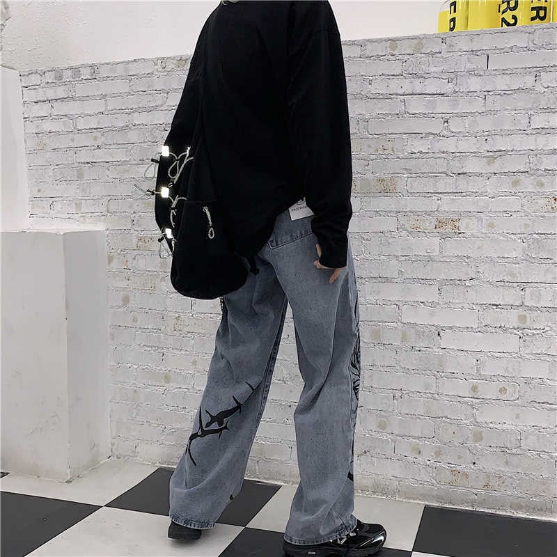 ファッションインズストリートヒップホッププリントウォッシュジーンズレディース