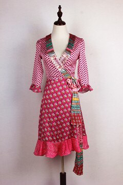 Popular Pajamas Style Printing Folds Lace Sexy V Neck Women Dress