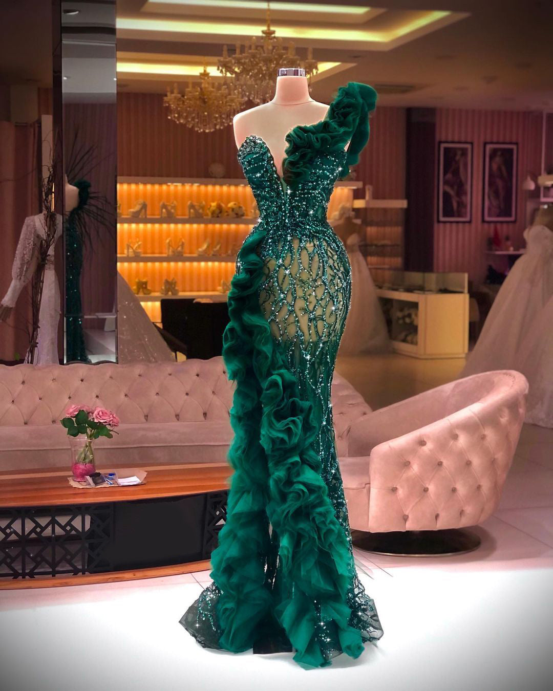 Green Mermaid Trumpet Cocktail Dresses Applique Sequins Prom Dress