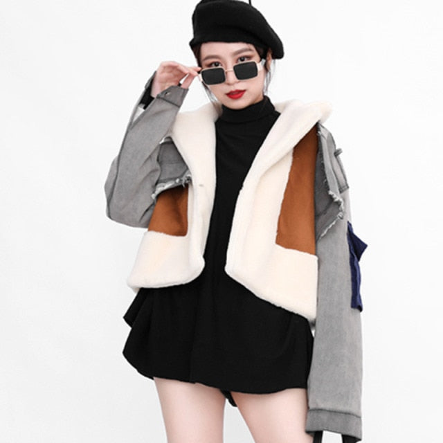Women Slim Patchwork Woolen Coat 2022 Autumn Winter New