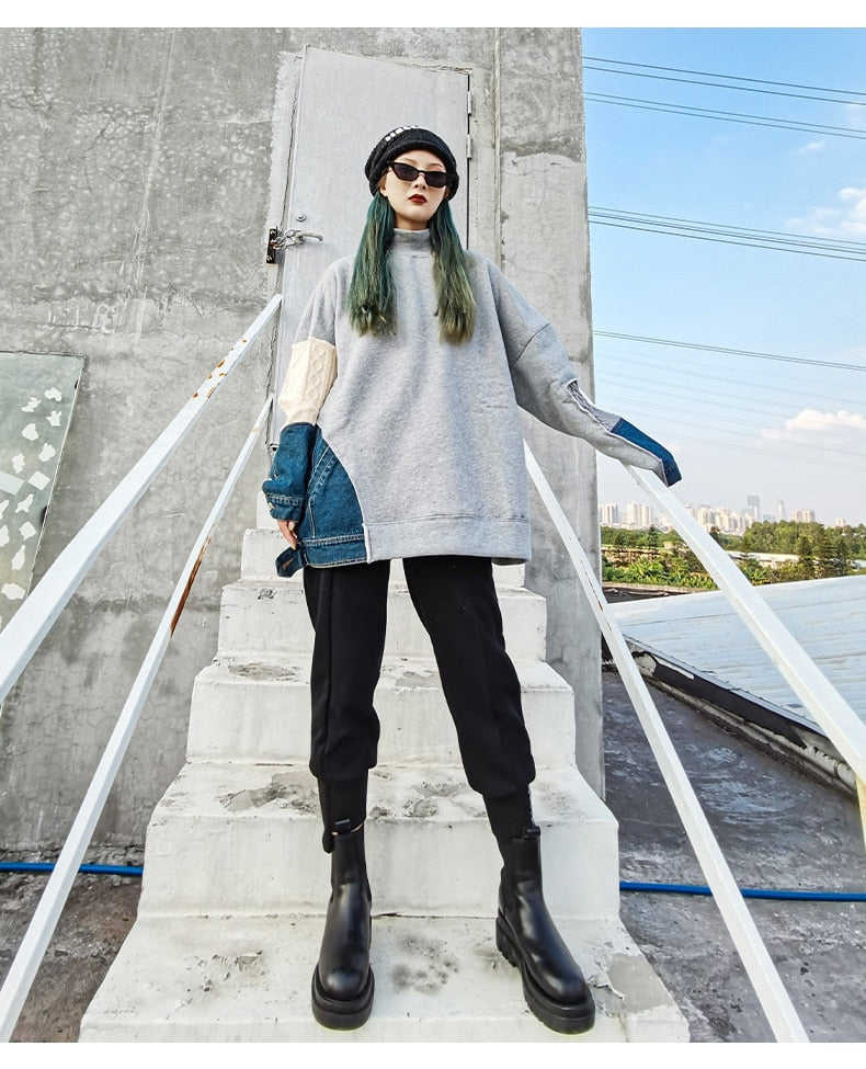 女性用カジュアルパッチワークニットデニムスウェットシャツトップス