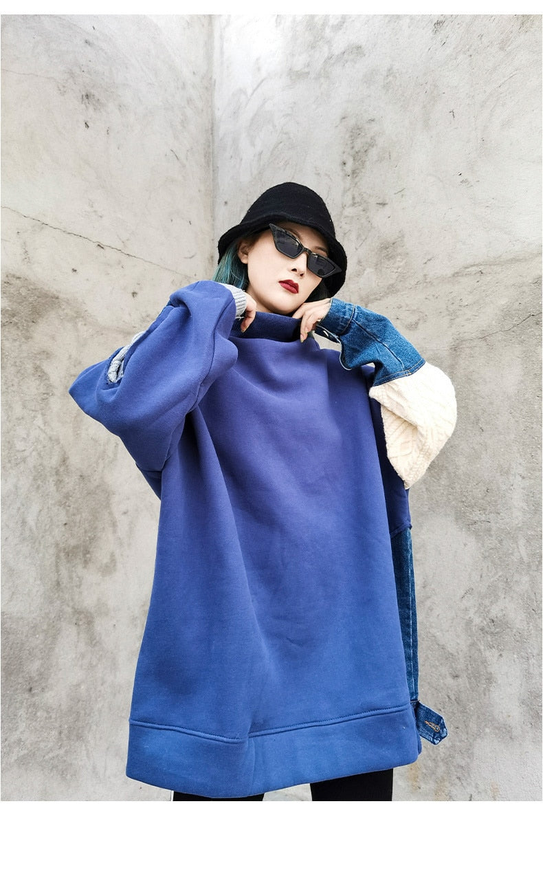 女性用カジュアルパッチワークニットデニムスウェットシャツトップス