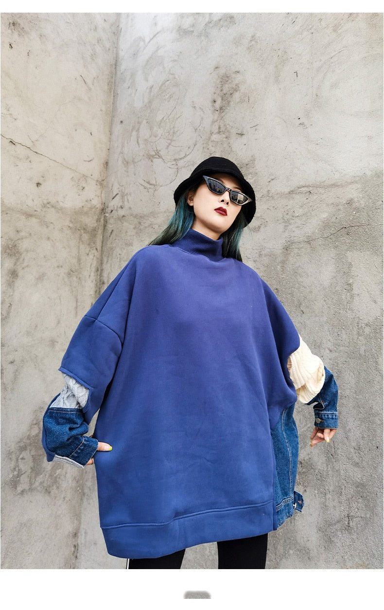 女性用カジュアルパッチワークニットデニムスウェットシャツトップス