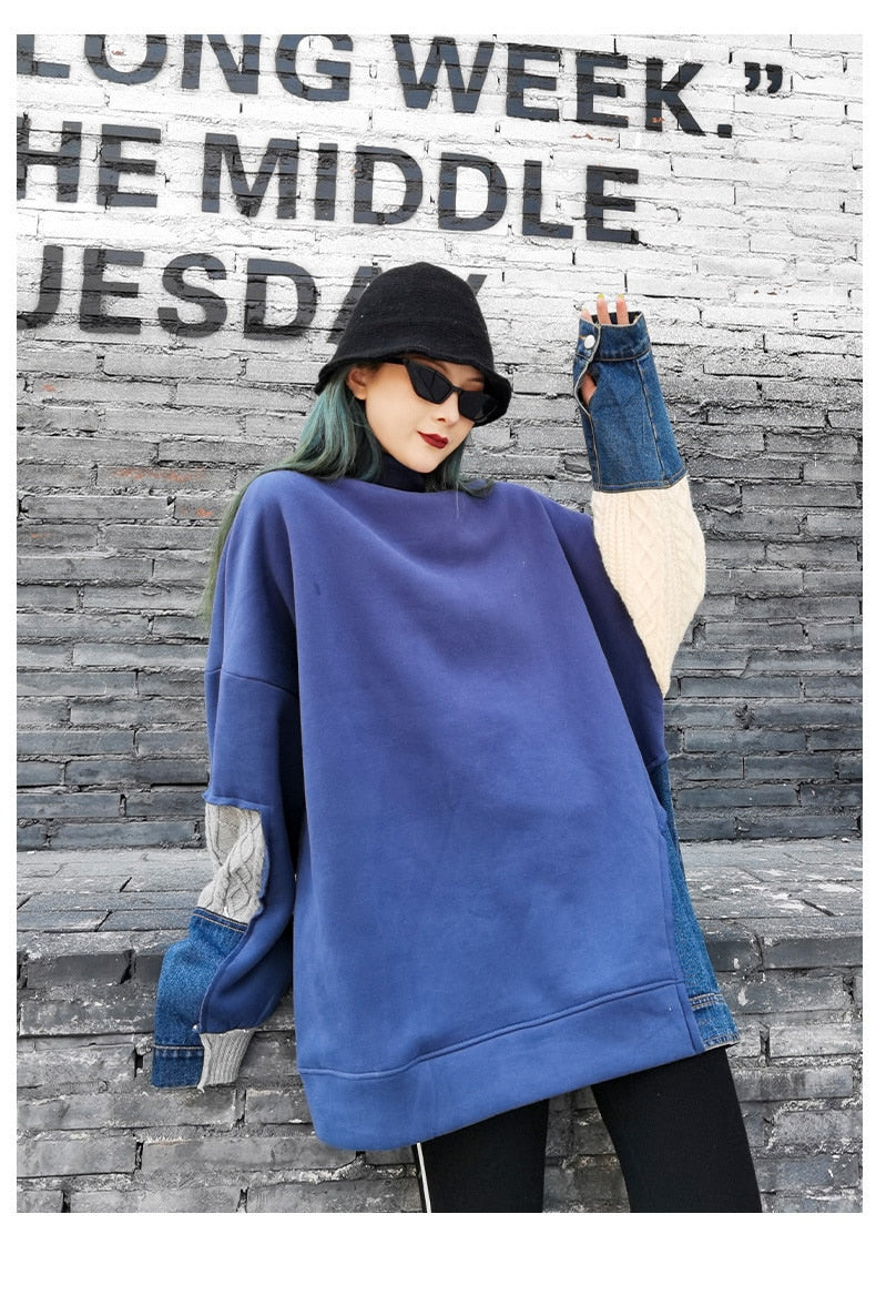 女性用カジュアルパッチワークニットデニムスウェットシャツトップス