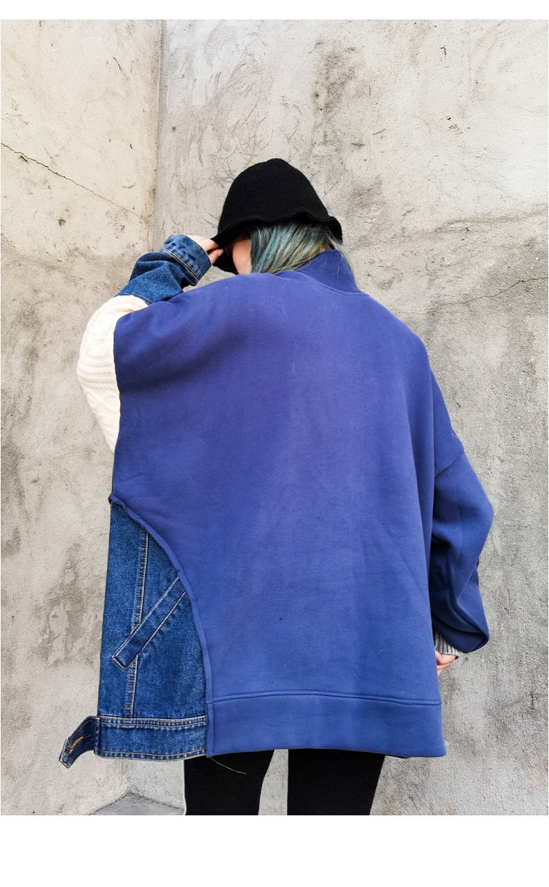 女性用カジュアルパッチワークニットデニムスウェットシャツトップス